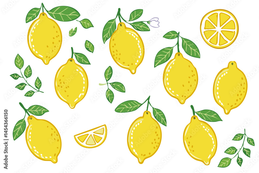 Obraz premium Lemons fruits on branches with leaves and slices vector illustration set. Clipart of summer italian transiterranean citrus fruits on isolated background. For packaging design and ingredients.