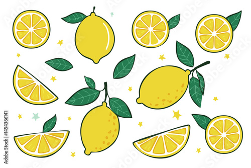 Lemons fruits on branches with leaves and slices vector illustration set. Clipart of summer italian transiterranean citrus fruits on isolated background. For packaging design and ingredients.