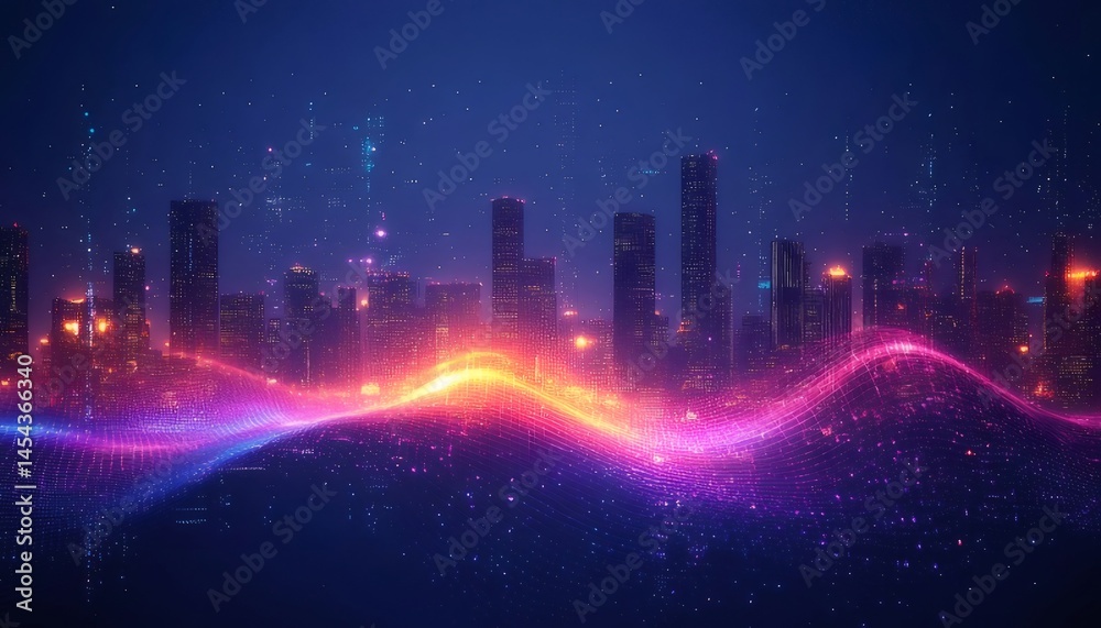 夜の都市風景に浮かび上がる光の波 紫と青のデジタルアート 夜空に輝く高層ビルと輝くエネルギーの抽象的な背景 夜の都市風景に浮かび上がる光の波 紫と青のデジタルアート 夜空に輝く高層ビルと輝くエネルギーの抽象的な背景