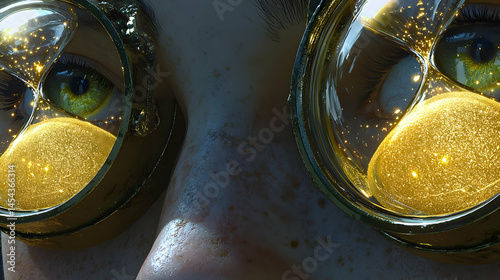 Close Up Steampunk Glasses With Golden Sparkles