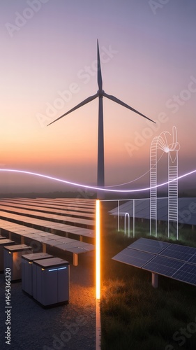 Wind turbine, solar panels, and energy storage at sunset.