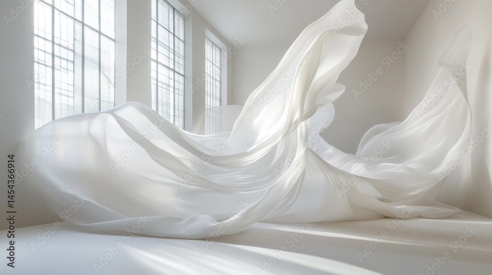 A white fabric appears to fall gently inside a blank room, a dynamic representation of silk in motion A white fabric appears to fall gently inside a blank room, a dynamic representation of silk in motion