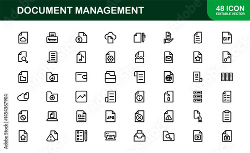 Document Processing and Workflow Management Icons. Essential File Handling, Archiving, and Digital Record System Icon Collection