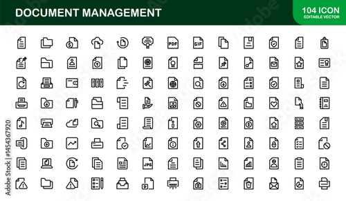 Document Processing and Workflow Management Icons. Essential File Handling, Archiving, and Digital Record System Icon Collection