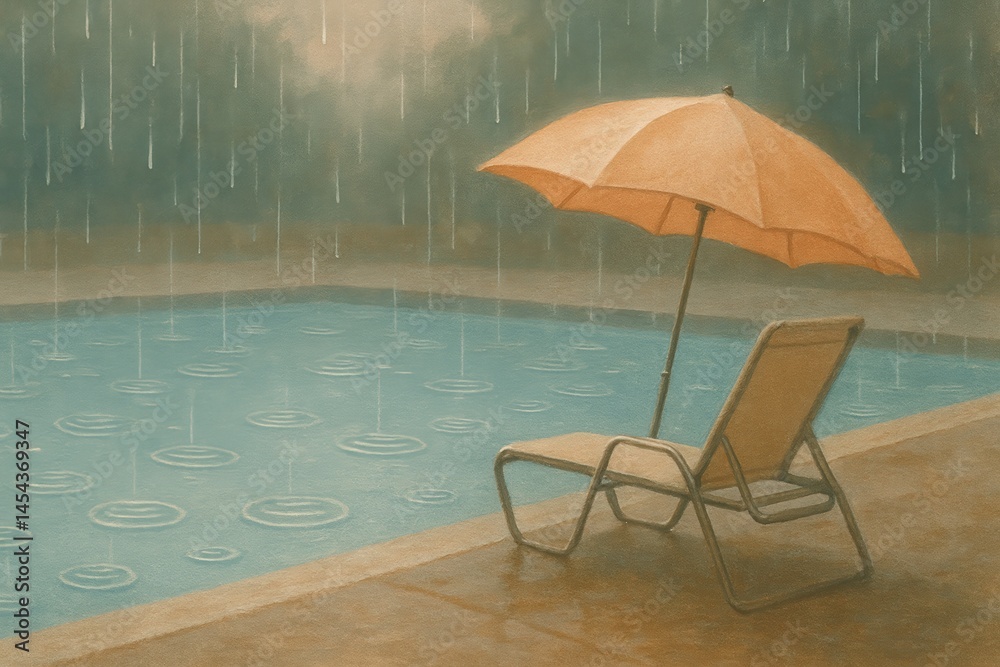 Fototapeta premium Empty poolside with orange umbrella and lounge chair in the rain