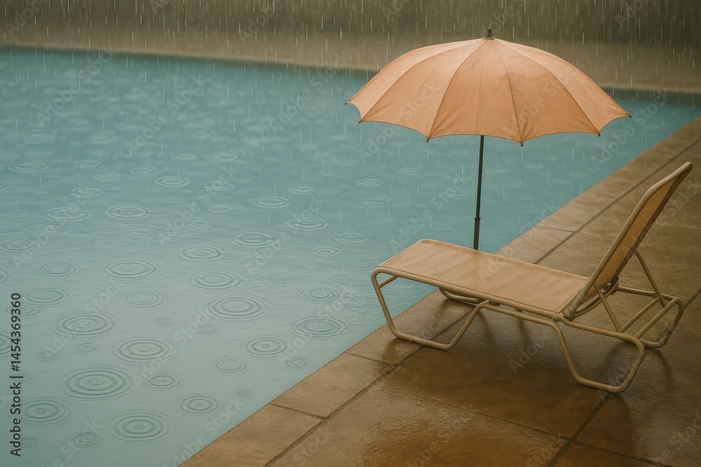 Fototapeta premium Empty lounge chair and umbrella by poolside in rainy weather