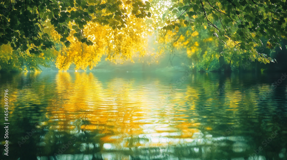 An artistic depiction of trees reflected in water, blending vivid greens and yellows in a blurred riverside scene An artistic depiction of trees reflected in water, blending vivid greens and yellows in a blurred riverside scene