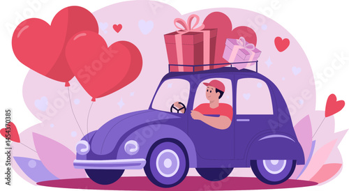 A vector illustration of a courier driving a car with cute gift boxes and heart-shaped balloons in the concept of the upcoming celebration