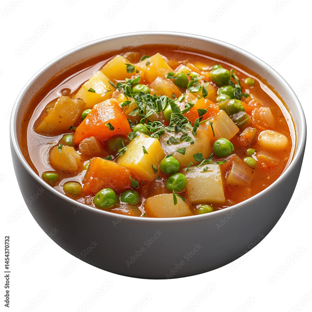 A vibrant bowl of hearty vegetable soup, featuring chunks of potatoes, carrots, and peas, garnished with fresh herbs. isolated on white background and transparent background A vibrant bowl of hearty vegetable soup, featuring chunks of potatoes, carrots, and peas, garnished with fresh herbs. isolated on white background and transparent background