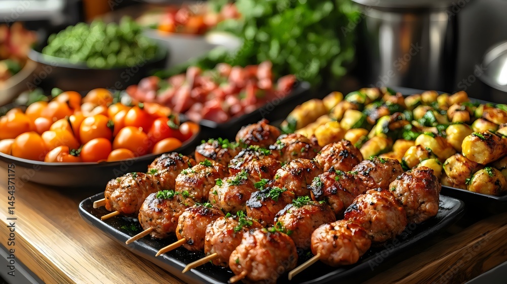 A table of appetizers, with skewers of meatballs and a variety of side dishes, ready to be served.