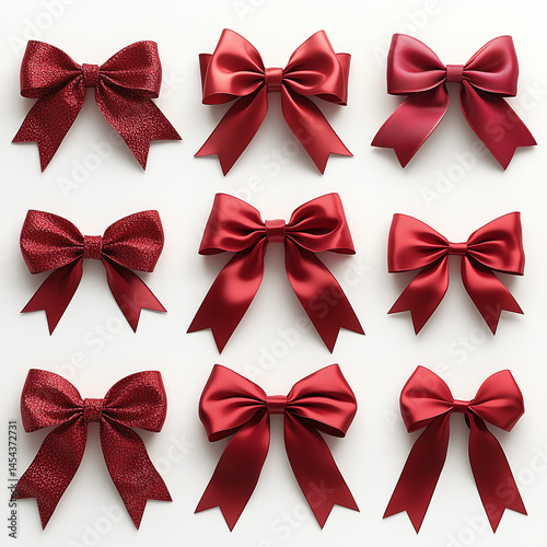 Set of red ribbon bows and ribbons for decoration, isolated on a white background. A collection with different shapes and styles, shown in a top view.
