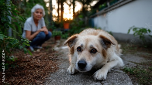 Wallpaper Mural Tranquil dog lying on garden pathway with elderly woman in background during sunset Torontodigital.ca