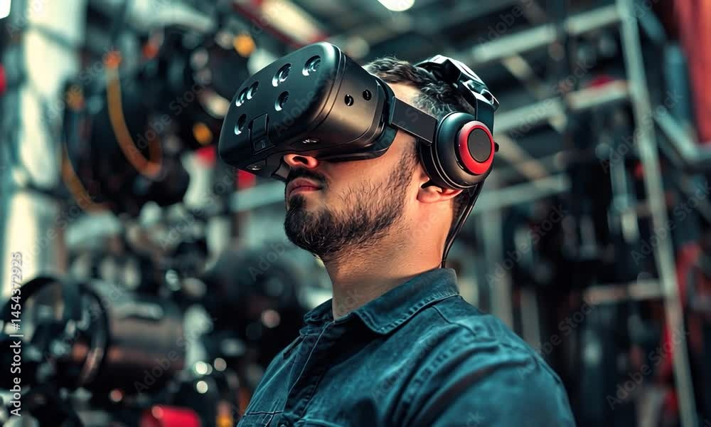 Man immersed in virtual reality experience wearing a headset in a tech-filled environment Man immersed in virtual reality experience wearing a headset in a tech-filled environment