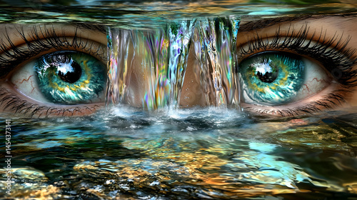 Close Up View Of Eyes With Waterfall And Water Reflection