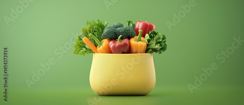 Bright yellow shopping bag filled with fresh vegetables on green background