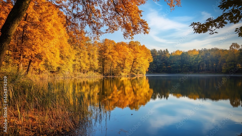 Fototapeta premium Golden reflections: Tranquil autumn lake mirroring vibrant foliage and sky