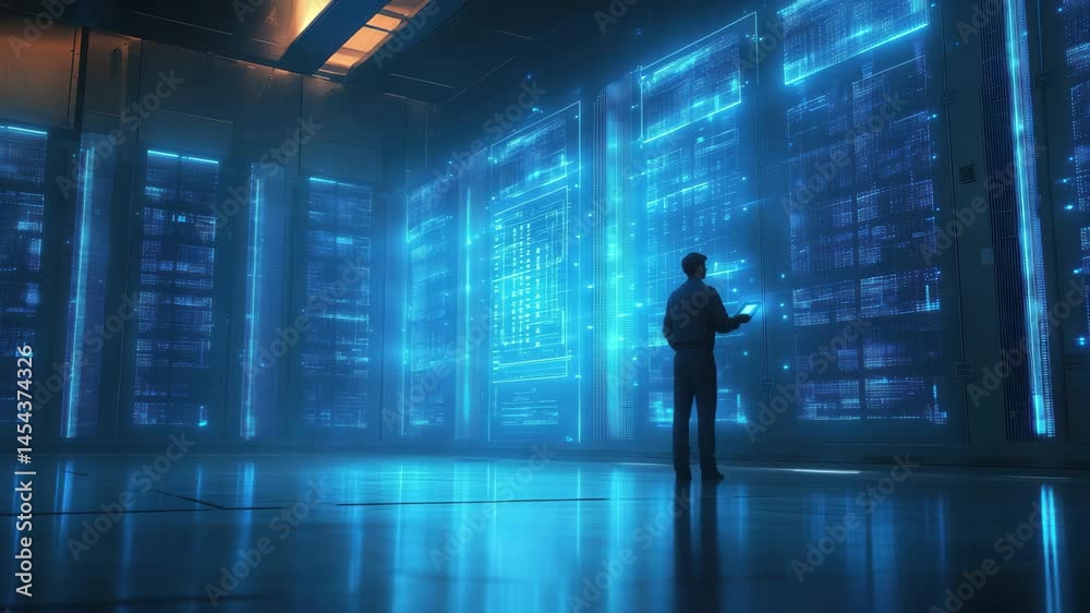 Man is standing in front of a large computer screen with blue lights. He is holding a cell phone in his hand. Concept of technology and modernity Man is standing in front of a large computer screen with blue lights. He is holding a cell phone in his hand. Concept of technology and modernity