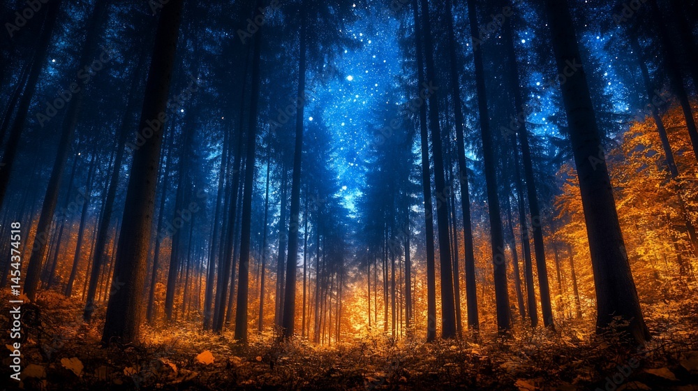 Obraz premium Magical Forest at Night: A Dreamlike Blend of Blue, Gold, and Twilight