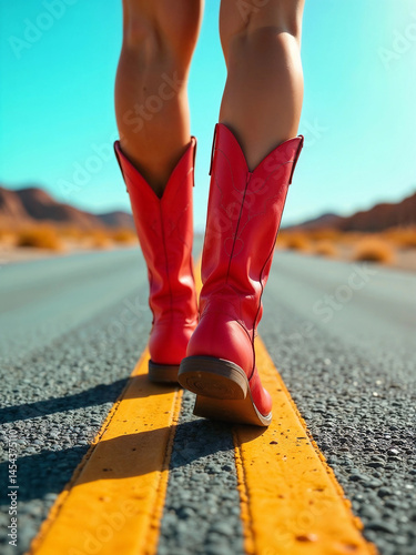 Close-up of red cowboy boots taking steps down a road, capturing the spirit of adventure.