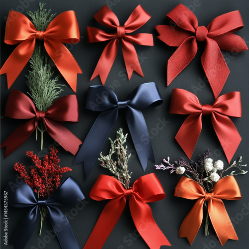 Set of red ribbon bows and ribbons for decoration, isolated on a white background. A collection with different shapes and styles, shown in a top view.