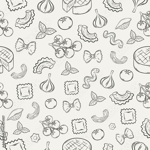 Hand-drawn seamless pattern with Italian food elements: tomatoes, pasta, cheese. Ideal for wrapping paper, packaging, fabric, and textile design. Vector illustration.