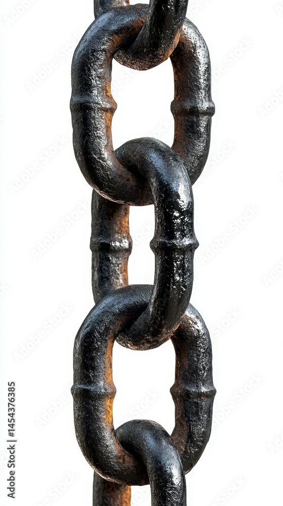 Close-up view of a heavy black chain links showing texture and details in daylight Close-up view of a heavy black chain links showing texture and details in daylight
