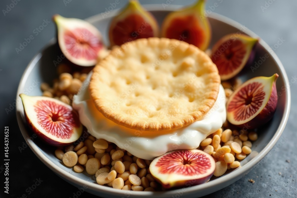 Fototapeta premium A delightful round cracker rests atop creamy yogurt, nestled amongst halved figs and crunchy, small, pale yellow morsels in a shallow gray bowl.
