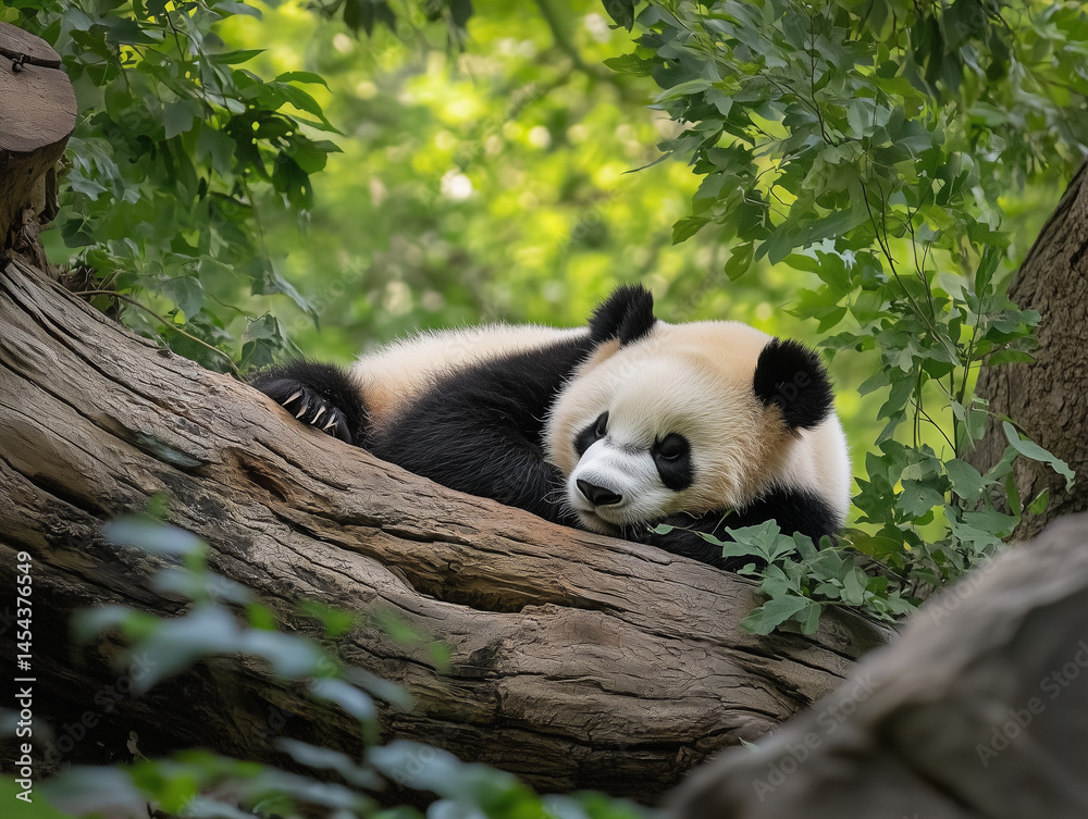 Fototapeta premium Panda Sleeping on Tree in Forest / 숲속 나무 위에서 자는 판다