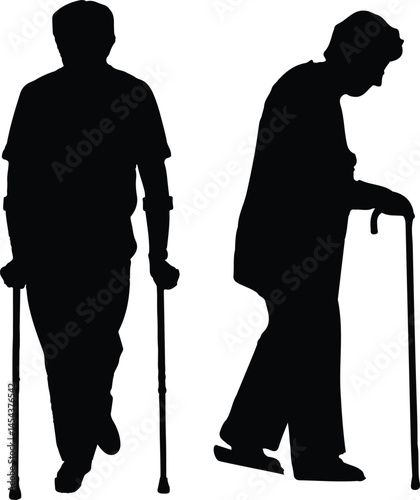 Elderly People with Canes Silhouettes Vector Set.