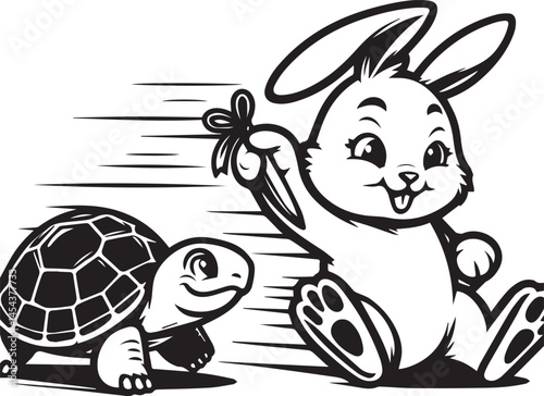 Tortoise and Hare: A Symbolic Race for Inspiration. A black and white illustration of a tortoise and hare, with a checkered flag.