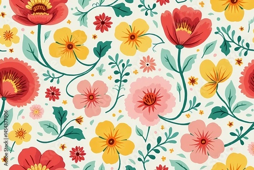 Wallpaper Mural Cheerful seamless floral layout with raspberry red, lemon yellow, bubblegum pink, and mint green flowers.  Torontodigital.ca