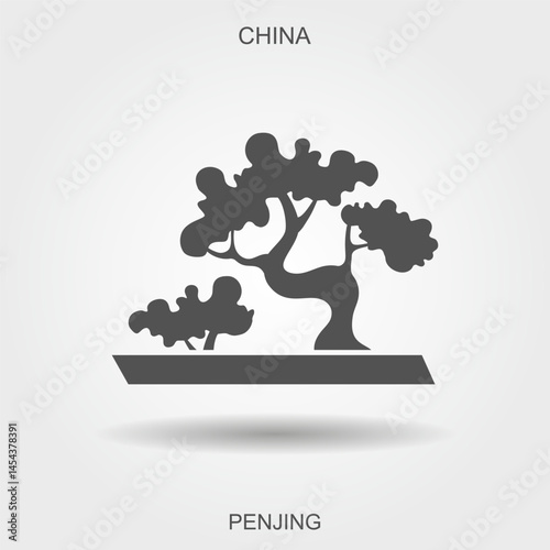 Original traditional Chinese art penjing or penzai. Bonsai tree. Bonsai in pot. Japanese plant art flat icon with shadow. Vector Illustration