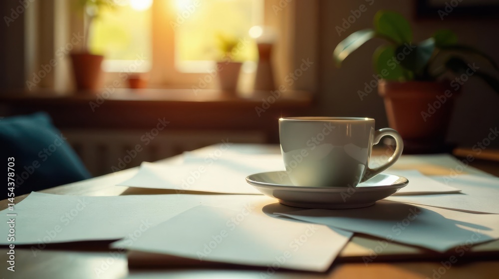 A warm beverage rests on a saucer near papers on a table bathed in sunlight streaming through a window A warm beverage rests on a saucer near papers on a table bathed in sunlight streaming through a window