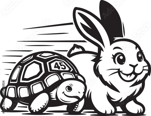 Tortoise and Hare: A Symbolic Race for Inspiration. A black and white illustration of a tortoise and hare, with a checkered flag.