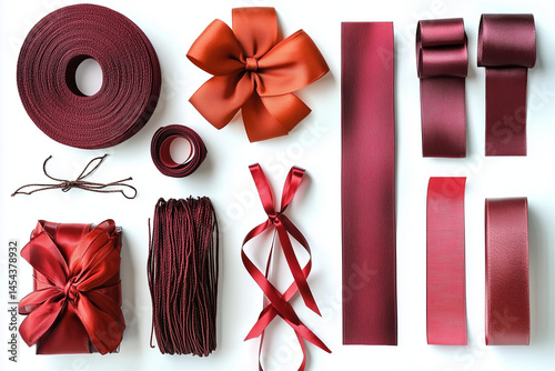 Set of red ribbon bows and ribbons for decoration, isolated on a white background. A collection with different shapes and styles, shown in a top view.