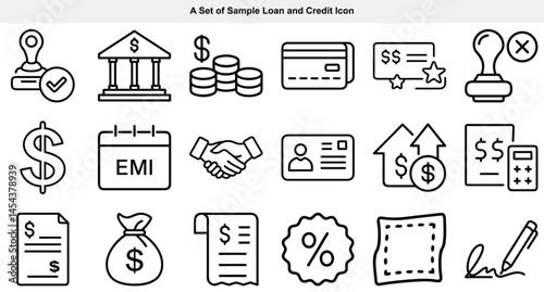 Black linear icon set displays loan, credit, and banking elements neatly arranged on a white background