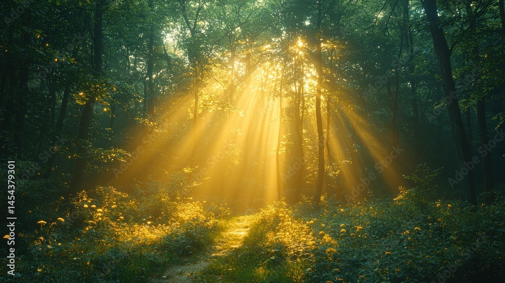 Obraz premium Sunlight streams through misty forest