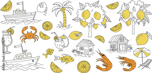 Italian amalfi sicily style vacation hand drawn vector illustrations in grunge rough doodle sketch style elements