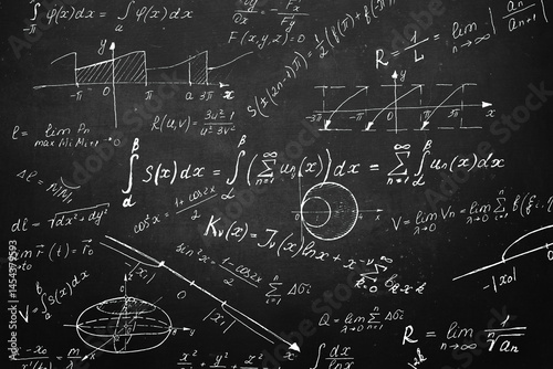 Tableau sur toile Board inscribed with scientific formulas and calculations in physics and mathematics