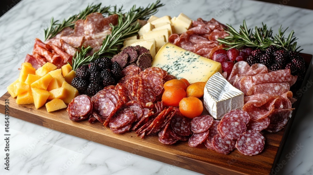 Charcuterie board with cured meats, cheeses, fruits, and rosemary Charcuterie board with cured meats, cheeses, fruits, and rosemary