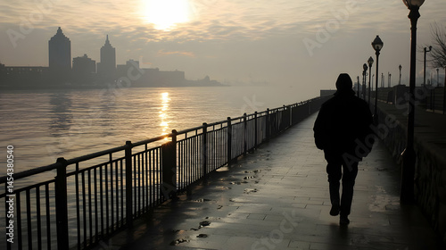 Silhouetted figure walking along a riverside path at sunrise.  Foggy morning light reflects on the water. City buildings are barely visible in the background