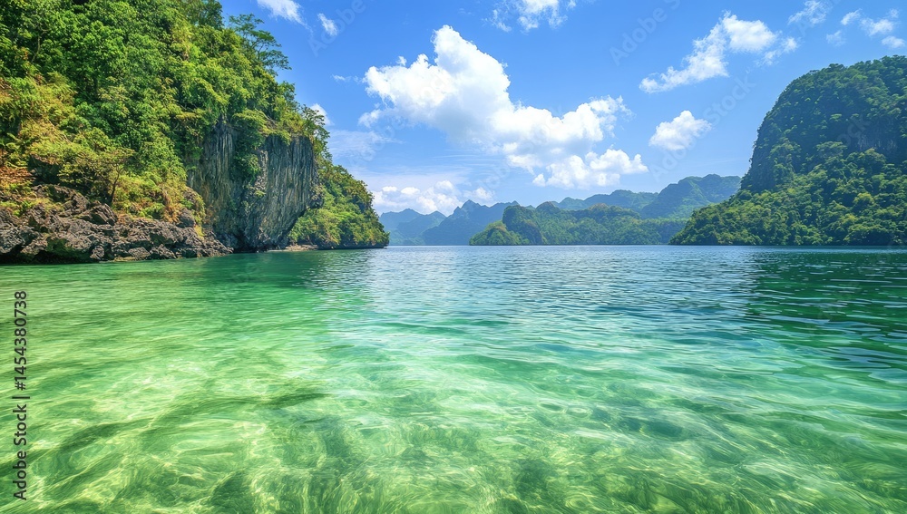 Fototapeta premium Crystal-clear turquoise water, lush green jungle, dramatic cliffs, idyllic bay