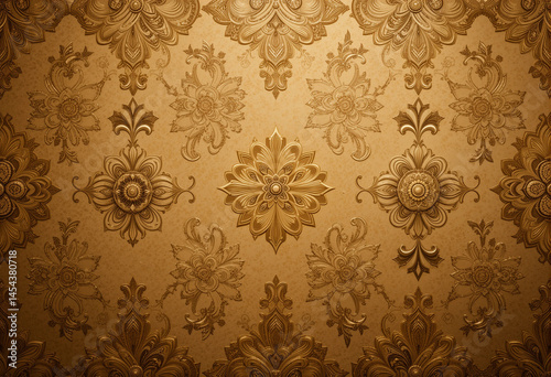 A gold and brown floral wallpaper with a gold border