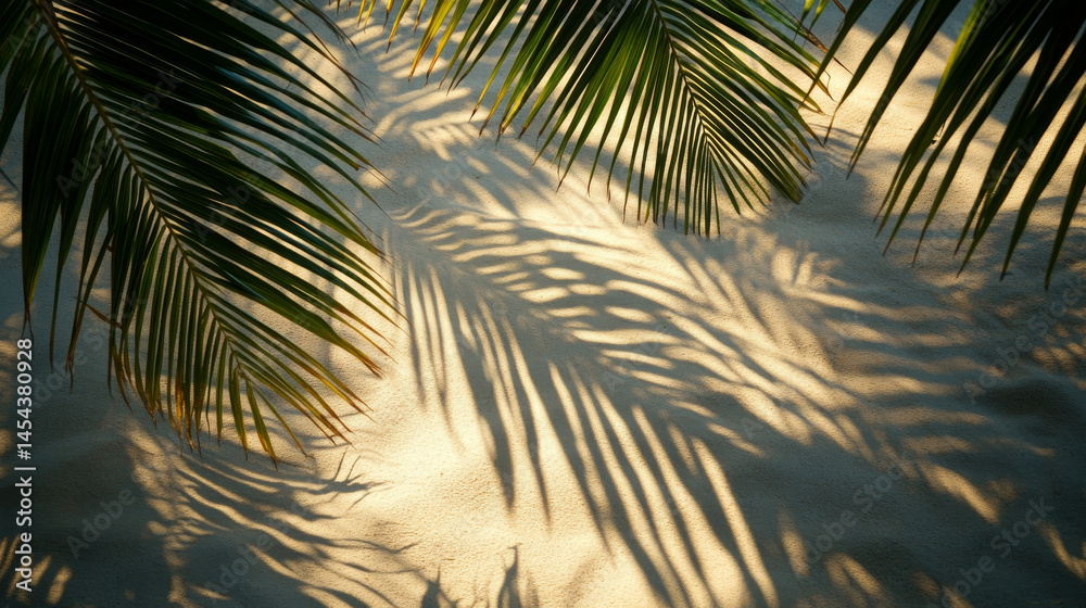 Fototapeta premium Silhouettes of palm fronds stretch across sunlit sand, casting a natural pattern that evokes tropical peace