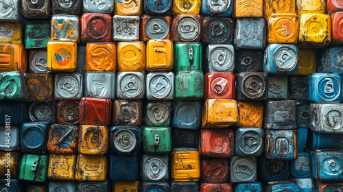 Stack of densely compressed cubes made from juice and beer cans, photographed close-up to highlight recycling and waste management