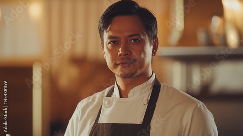 Portrait of confident Filipino chef wearing dark apron in softly lit kitchen