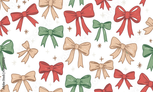 Bow pattern. Christmas seamless vintage ribbon vector illustration. Gift drawing, cute present crayon design. Colorful doodle hand drawn bow pattern. Seamless ribbon print background.