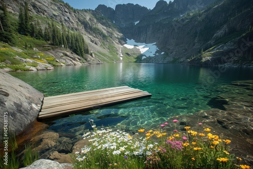 Wallpaper Mural Mountain Lake with Wildflowers, Wooden Dock and Clear Water in Scenic Nature Torontodigital.ca