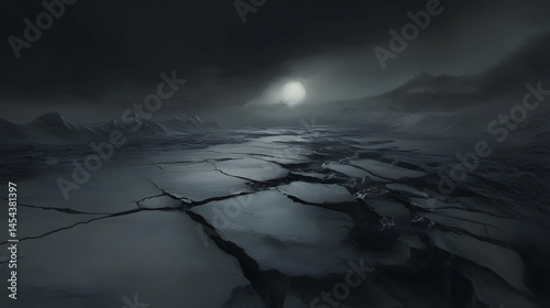 Cracked Ice Midnight Moonscape Dramatic Arctic Landscape Frozen Water Dark Overcast Moody Environment