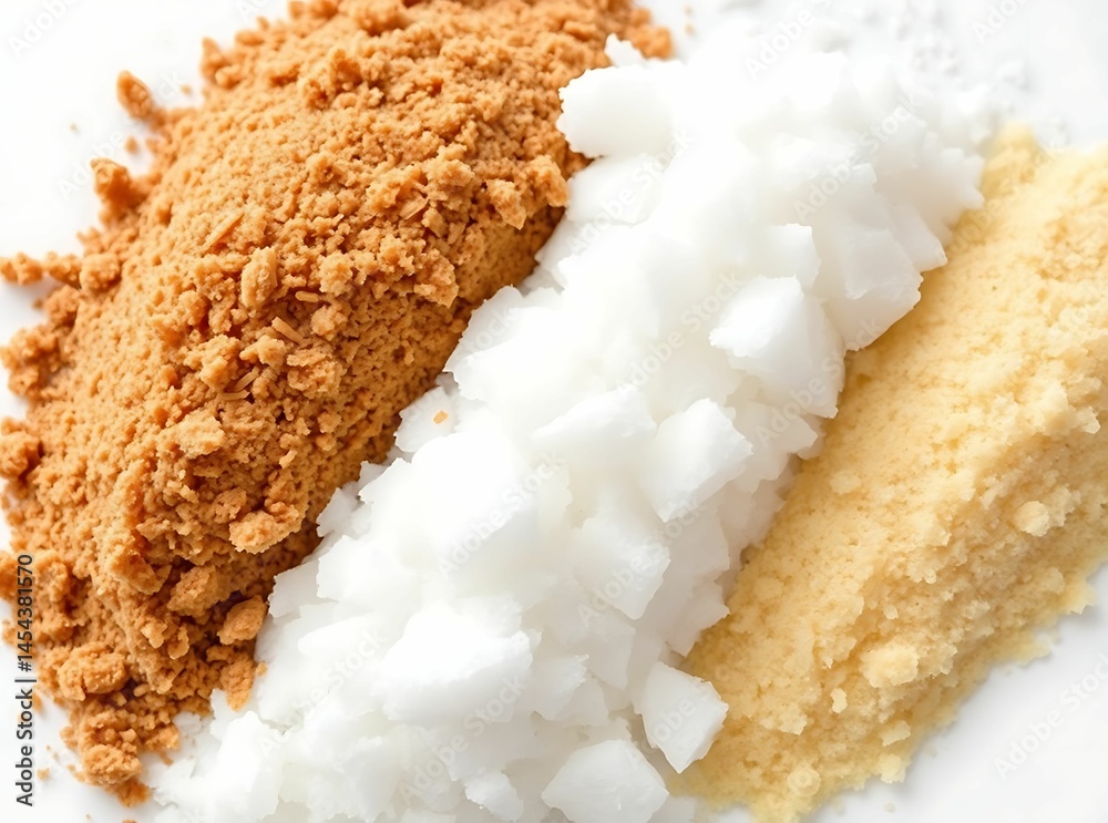 Fototapeta premium Assortment of grated coconut, jaggery, and gram flour neatly arranged on a white surface 